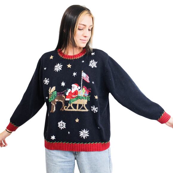 Santa's Sleigh Sweater - XXL / Vintage Ugly Christmas Sweatshirt / Holiday - Picture 1 of 3